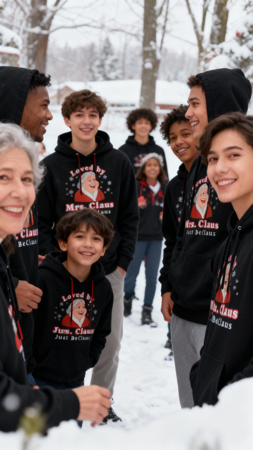Just BeClaus Christmas hoodie featuring festive holiday typography on a cozy pullover hoodie